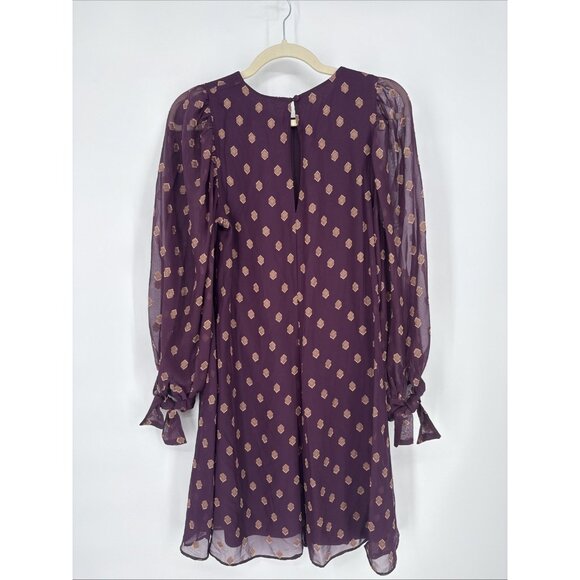 New CALVIN KLEIN Womens Size 2 Purple Gold Tie Cuffs Balloon Sleeve Shift Dress - Picture 6 of 11